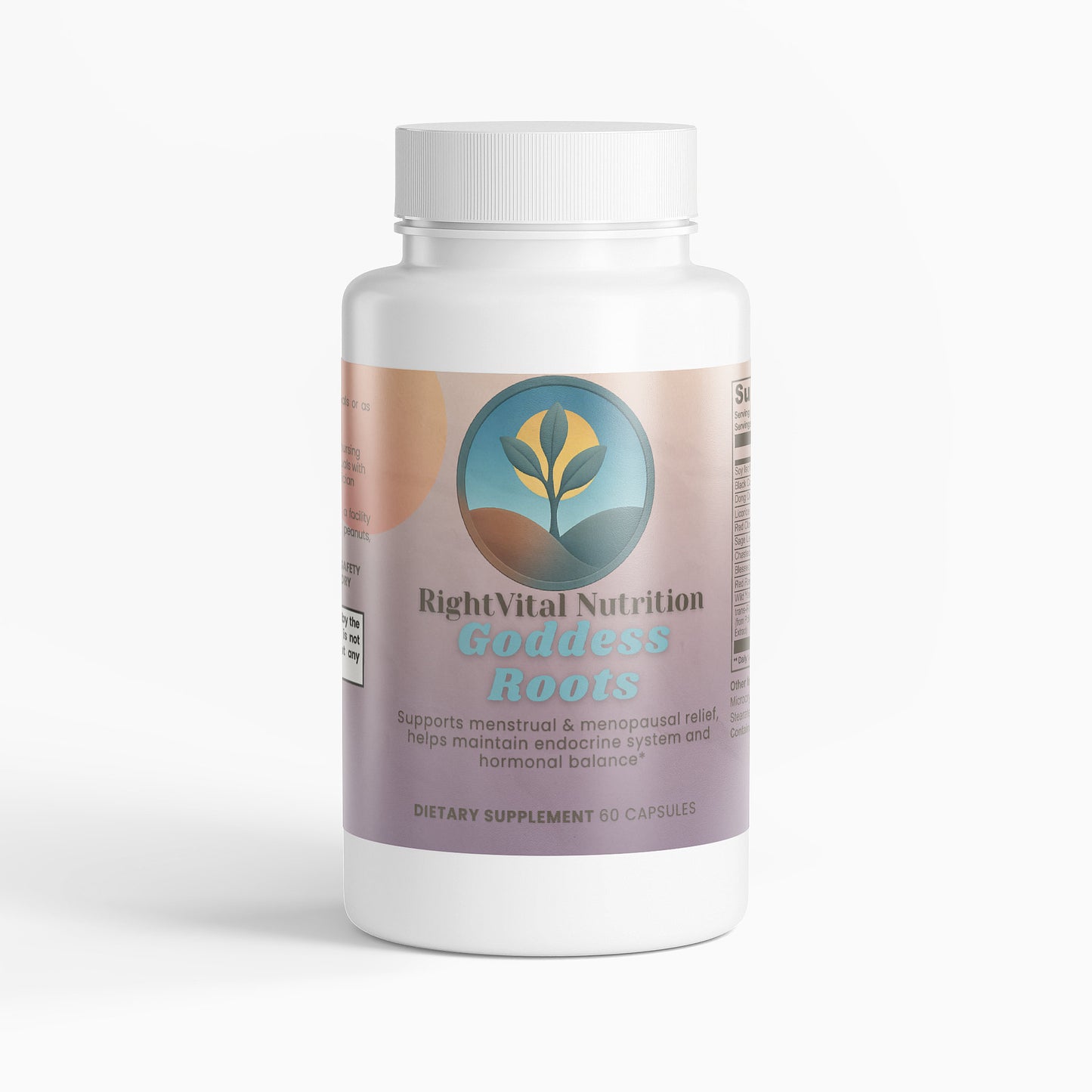 Supplement bottle labeled 'Goddess Roots' by RightVital Nutrition on a white background