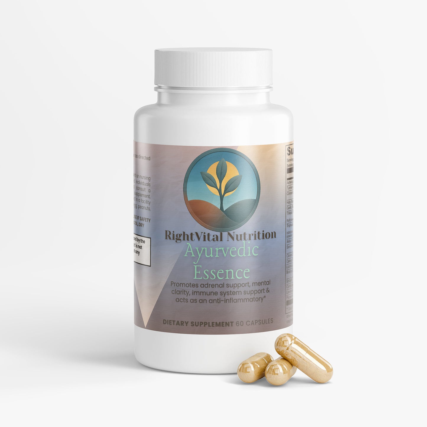 Supplement bottle labeled 'Right Vital Nutrition Ayurvedic Essence' with capsules on a white background