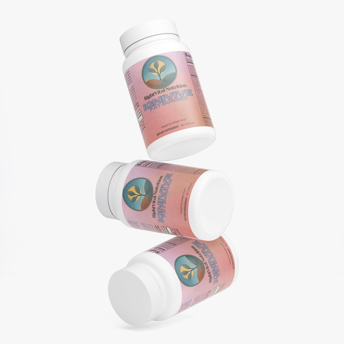 Three bottles of a dietary supplement with a pink label on a white background