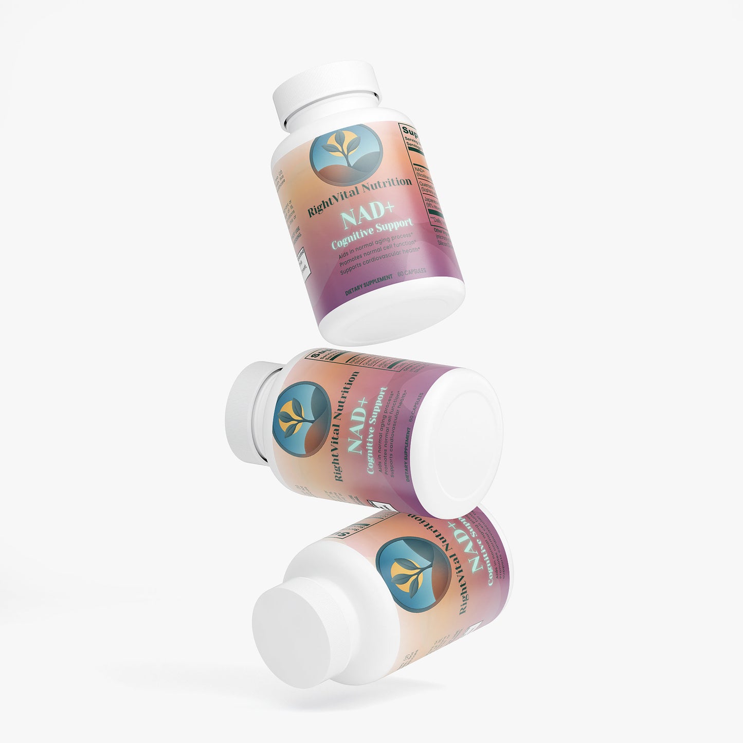 Three bottles of NAD+ cognitive support supplement on a white background