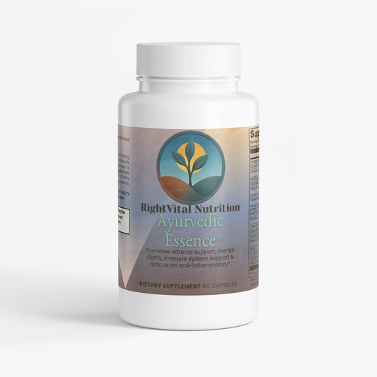 Supplement bottle labeled 'RightVital Nutrition Ayurvedic Essence' on a white background