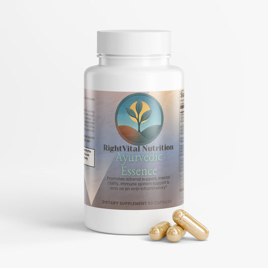 Supplement bottle labeled 'Right Vital Nutrition Ayurvedic Essence' with capsules on a white background