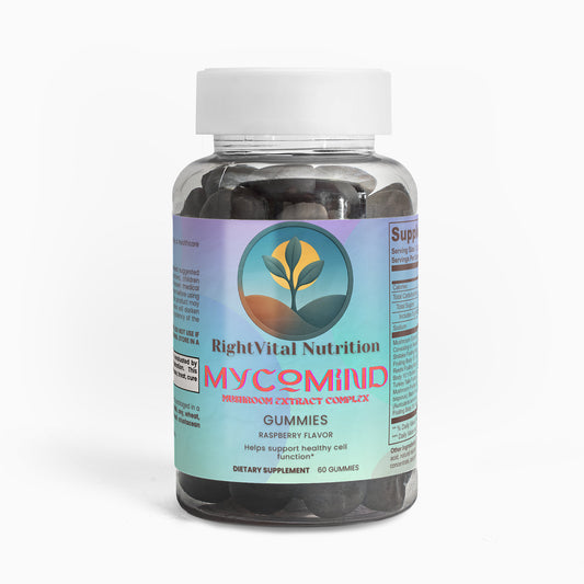 Bottle of RightVital Nutrition MycoMind gummies on a white background